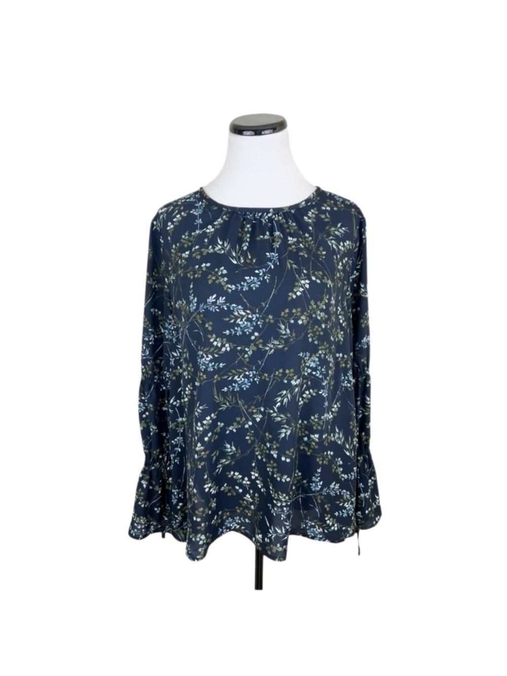 Loft Outlet Floral Tie Sleeve Bell Sleeve Blouse Top Navy Blue Green Size Medium